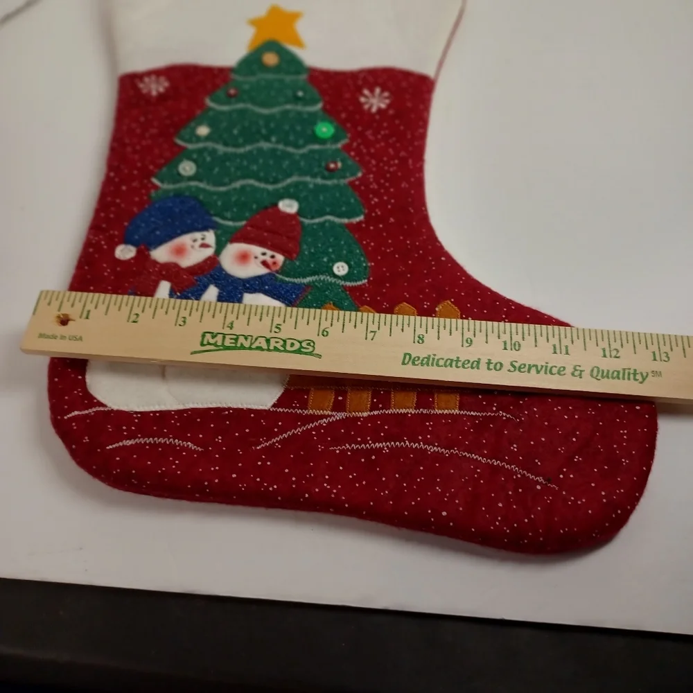 17 inch Holiday Christmas Quilted Stocking- 3D Appliqué Snowman/Tree/Snow Flakes